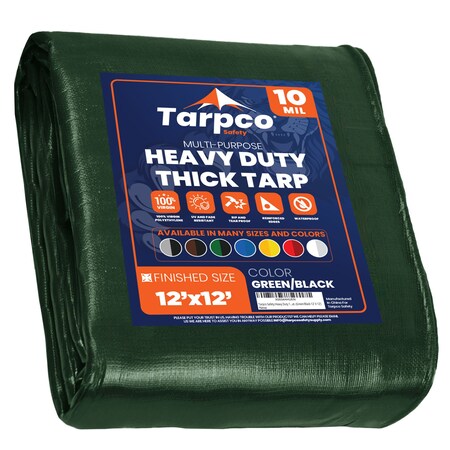 Tarpco Safety Heavy Duty Tarp, 12 ft L x 0.5 mm H x 12 ft W, 10 Mil, Green/Black, Polyethylene TS-153-12X12